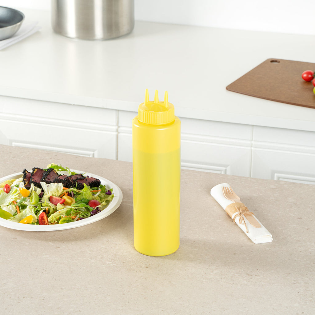 Sauce Tek 32 oz Yellow Plastic Mustard Squeeze Bottle - with Triple Dispersion Tip - 6 count box