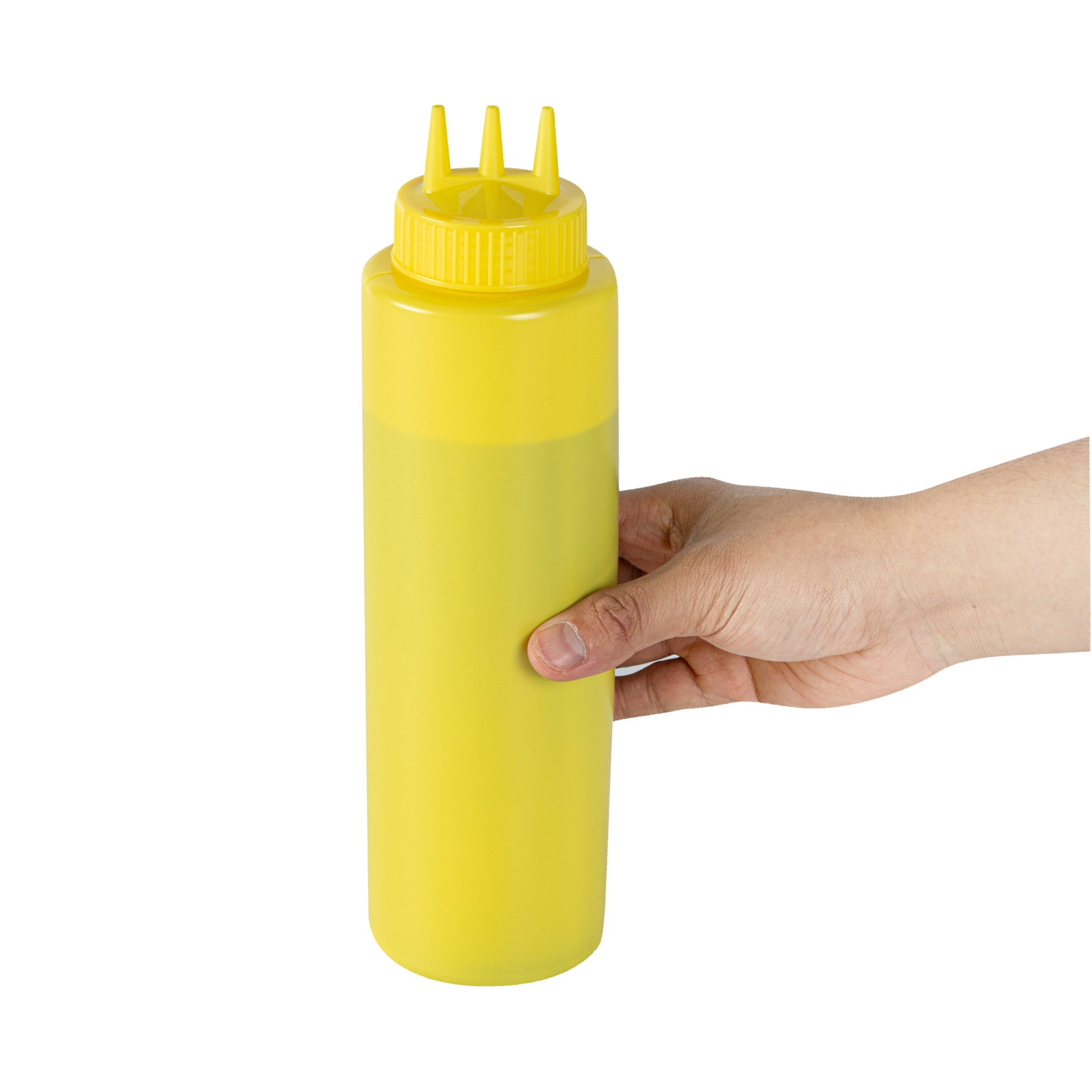 Sauce Tek 32 oz Yellow Plastic Mustard Squeeze Bottle - with Triple Dispersion Tip - 6 count box