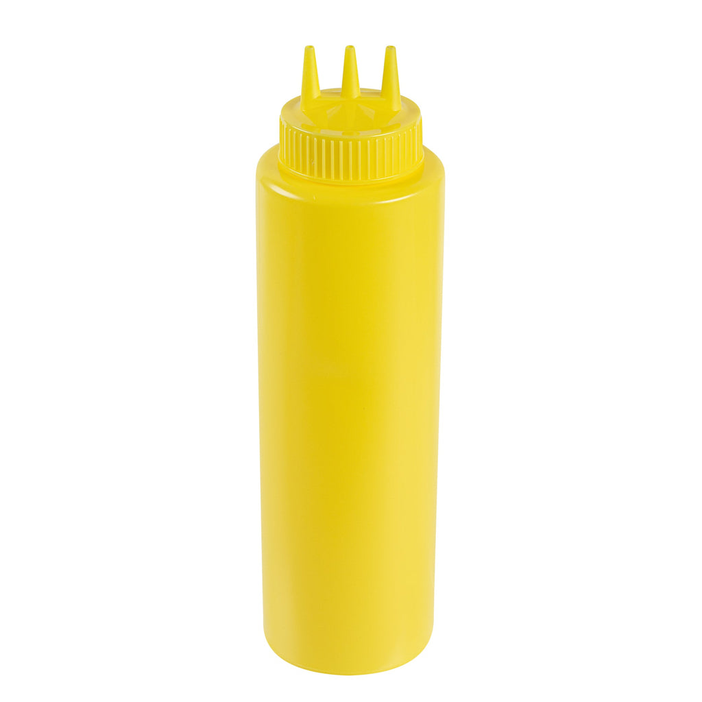 Sauce Tek 32 oz Yellow Plastic Mustard Squeeze Bottle - with Triple Dispersion Tip - 6 count box