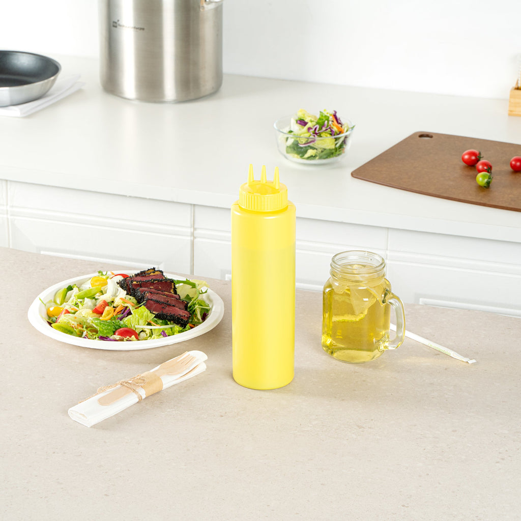 Sauce Tek 32 oz Yellow Plastic Mustard Squeeze Bottle - with Triple Dispersion Tip - 6 count box