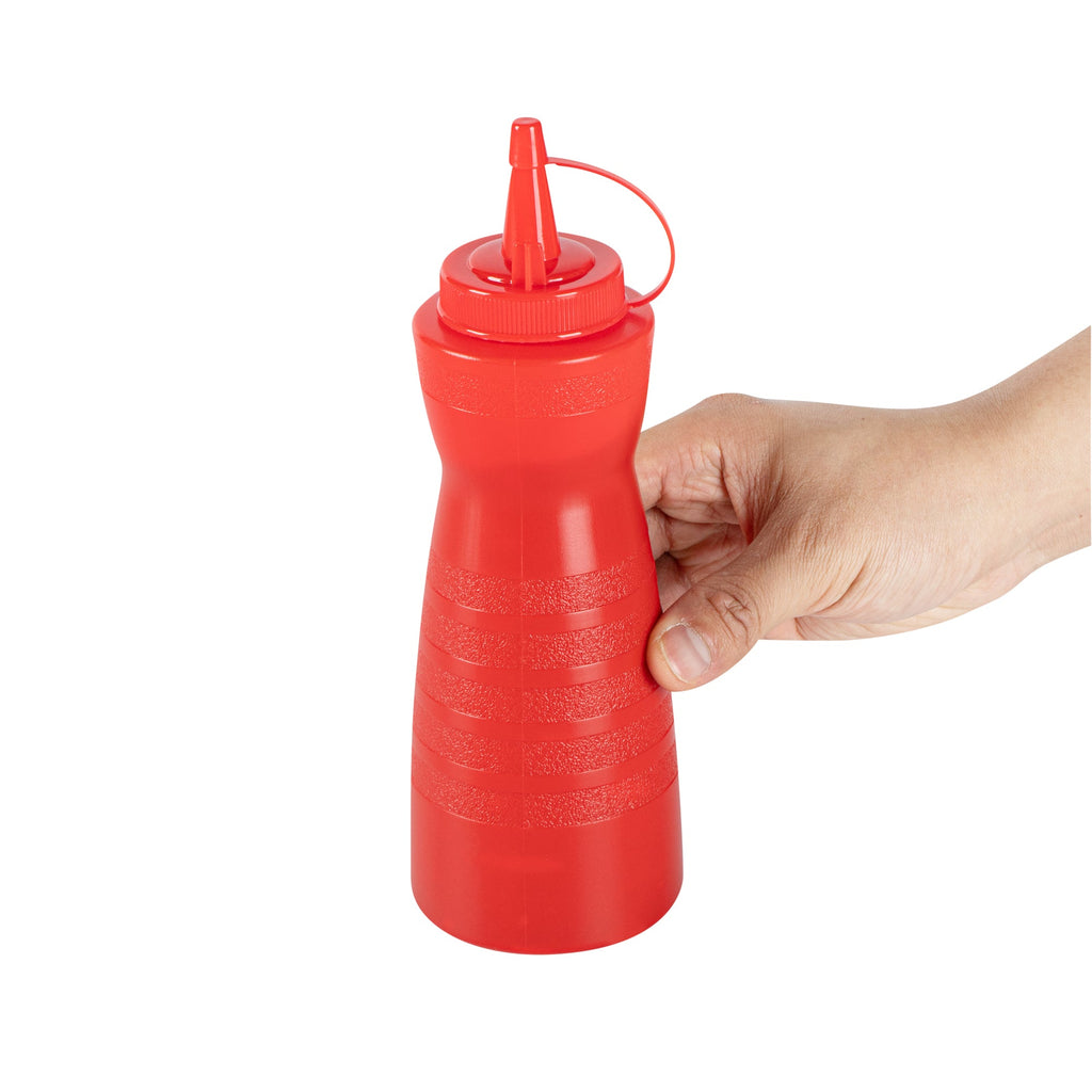 Sauce Tek 16 oz Red Plastic Squeeze Bottle - with Cap - 2 3/4" x 2 3/4" x 7 3/4" - 1 count box