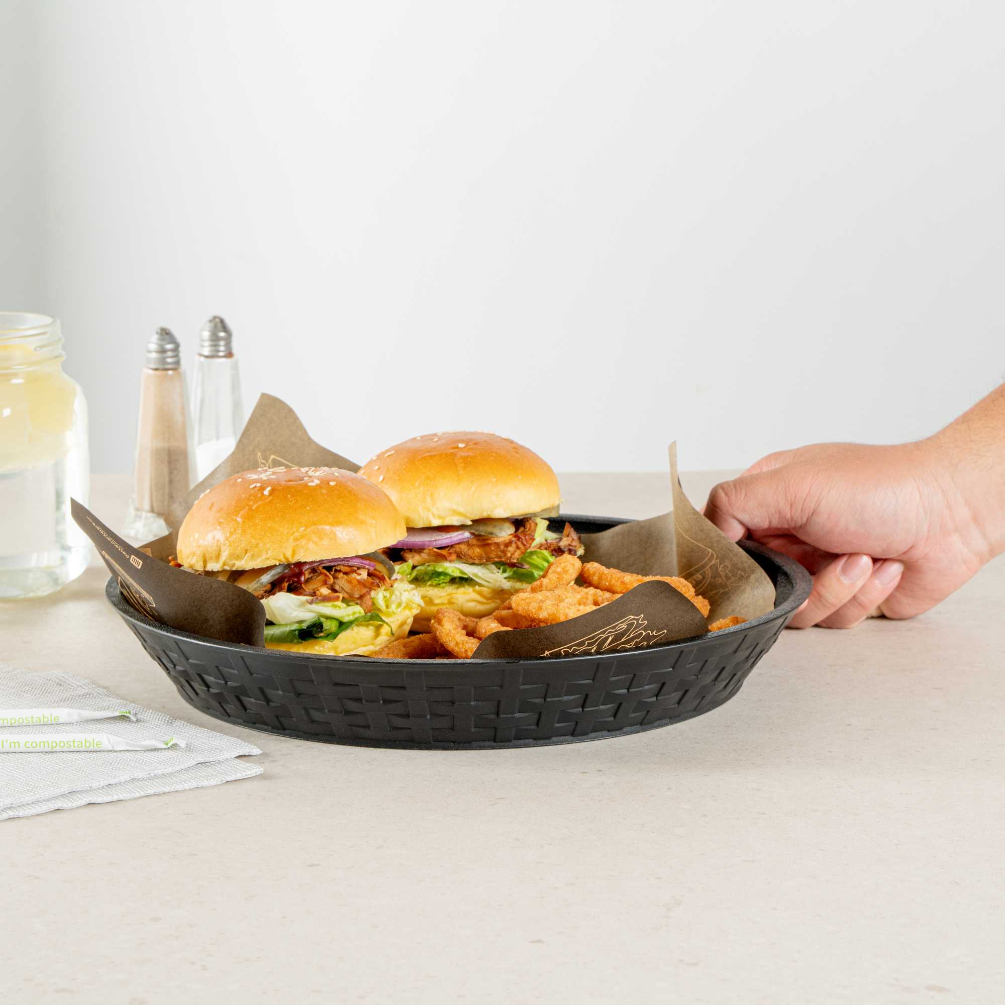 Chef 101 Round Black Plastic Diner Platter - 12" x 12" x 1 3/4" - 10 count box