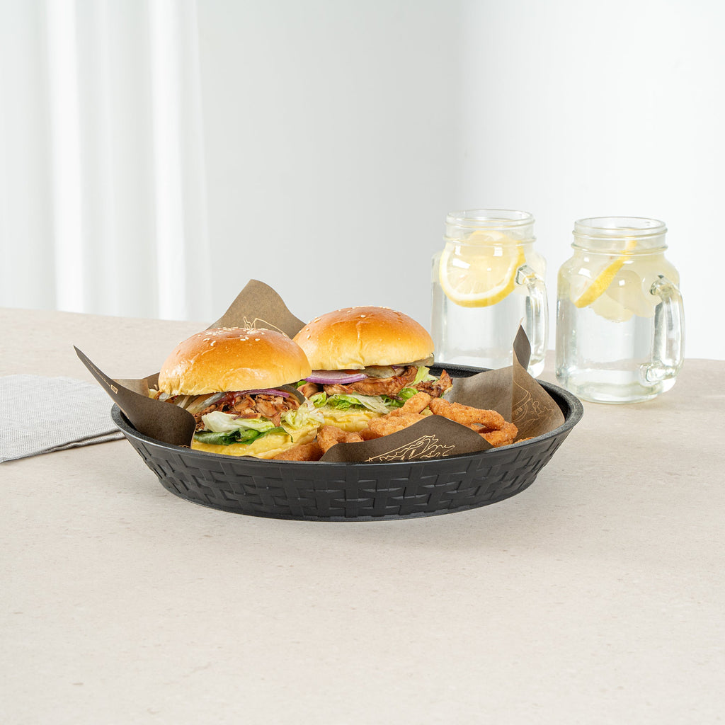 Chef 101 Round Black Plastic Diner Platter - 12" x 12" x 1 3/4" - 100 count box
