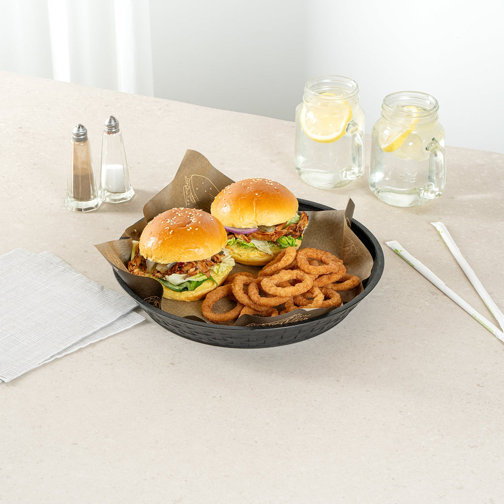 Chef 101 Round Black Plastic Diner Platter - 12" x 12" x 1 3/4" - 100 count box