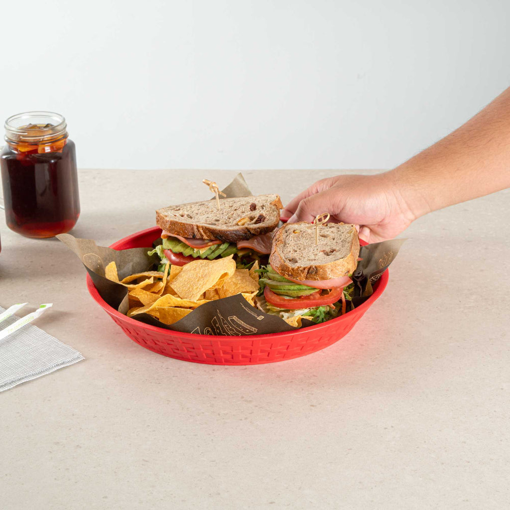 Chef 101 Round Red Plastic Diner Platter - 12" x 12" x 1 3/4" - 10 count box