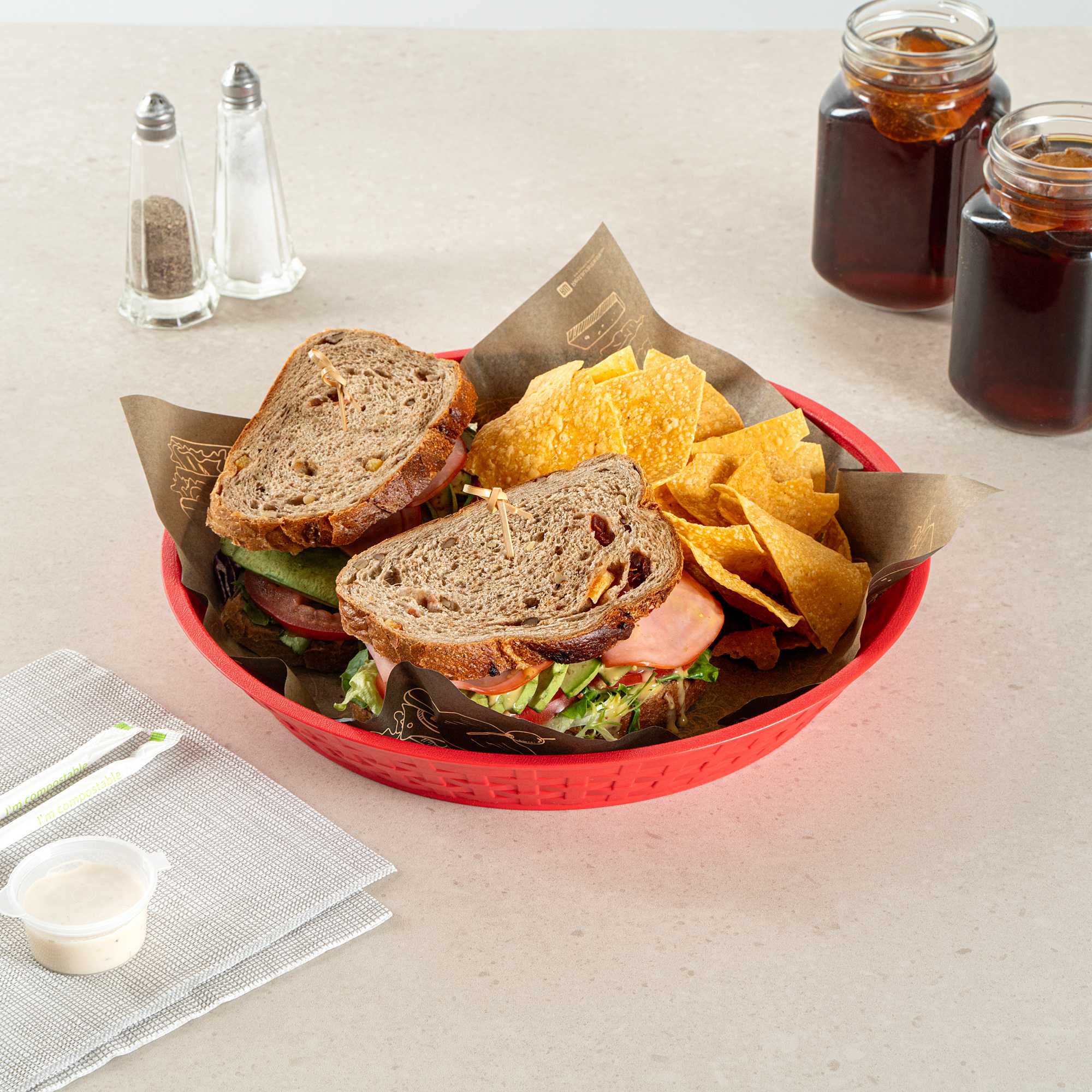 Chef 101 Round Red Plastic Diner Platter - 12" x 12" x 1 3/4" - 10 count box