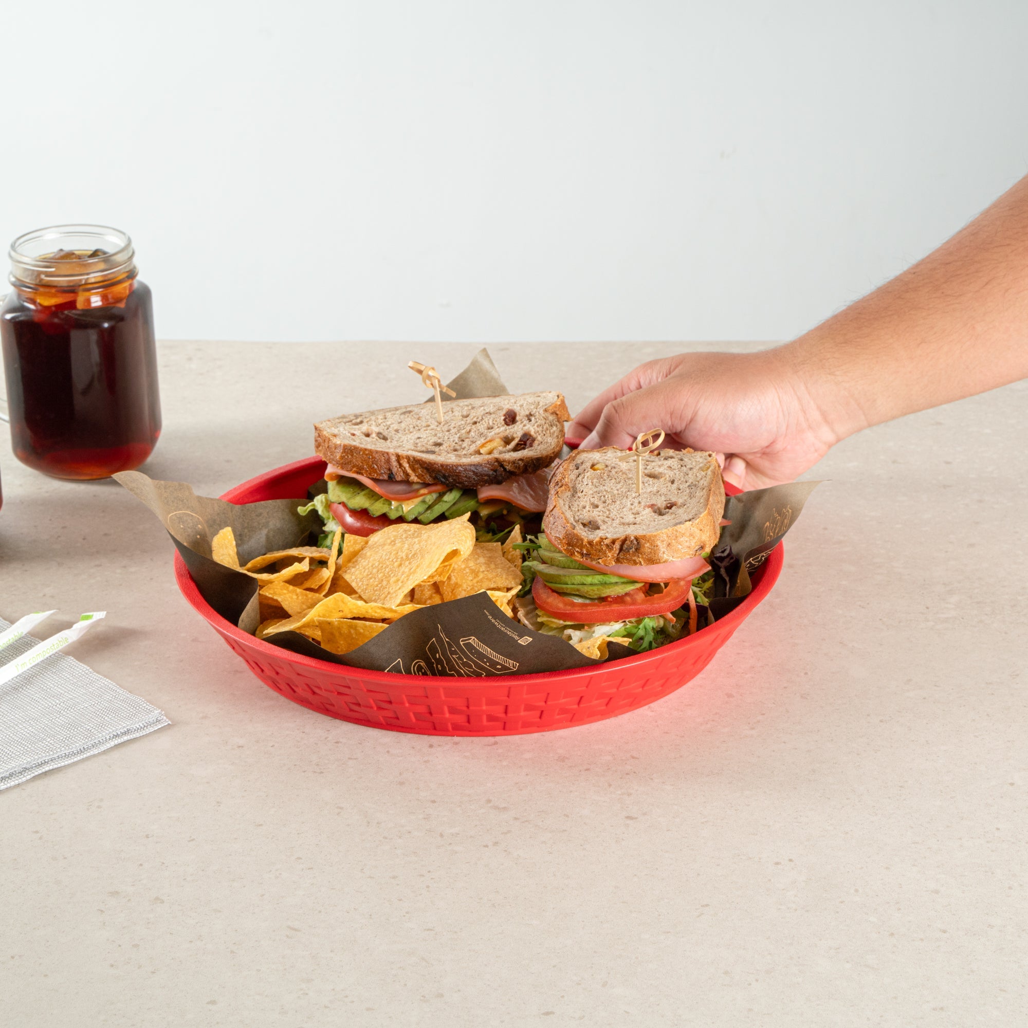 Chef 101 Round Red Plastic Diner Platter - 12" x 12" x 1 3/4" - 100 count box