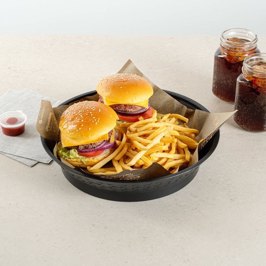 Chef 101 Round Black Plastic Diner Platter - with Base - 12" x 12" x 2 1/4" - 100 count box