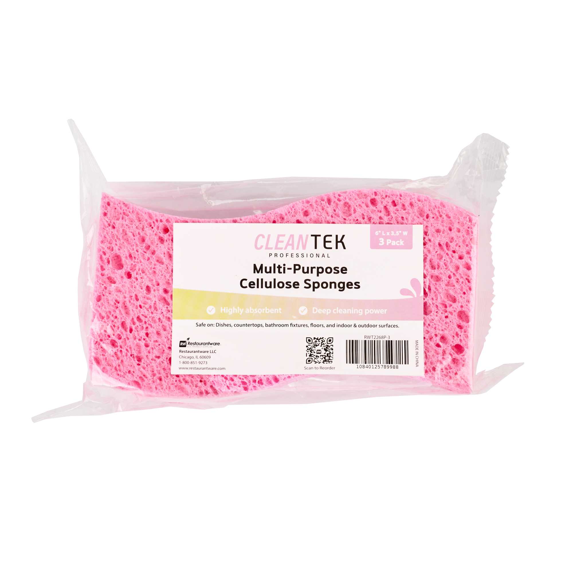 Clean Tek Professional Pink Cellulose Sponge - 6" x 3 1/2" x 3/4" - 3 count box