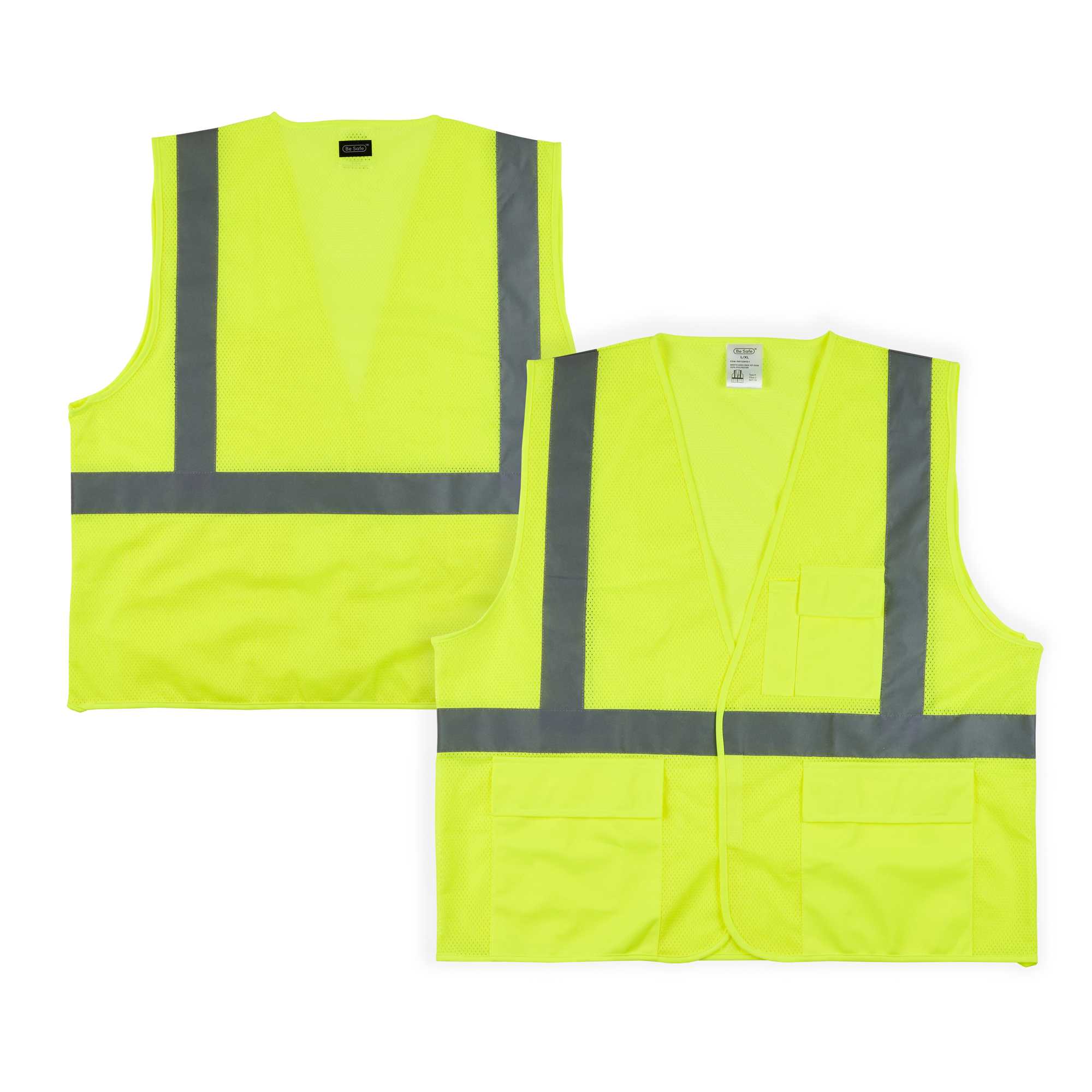 Be Safe Type R Class 2 Lime L/XL High Visibility Mesh Safety Vest - Hook/Loop Closure, Reflective Tape - 1 count box