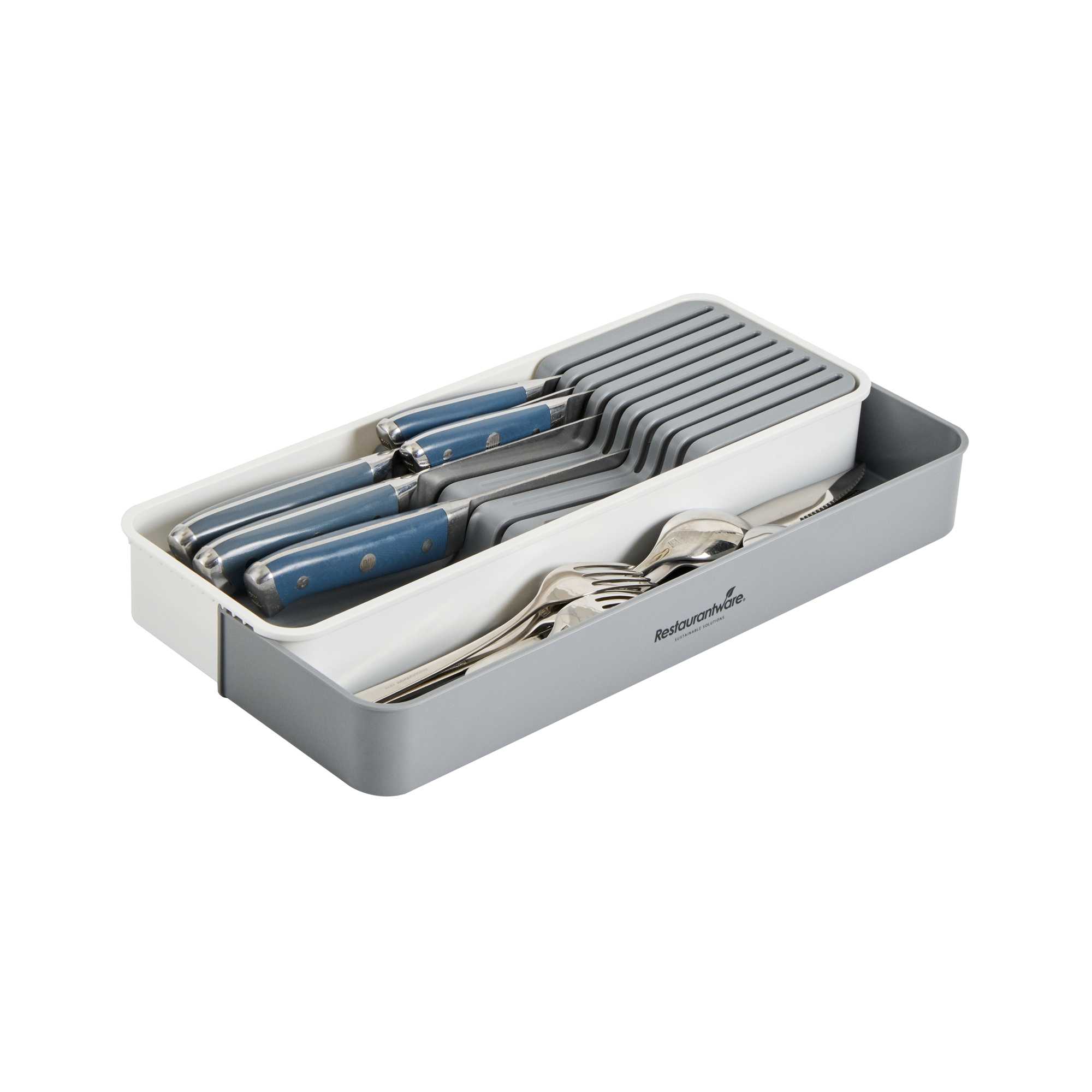 Clean Tek Professional Gray and White Plastic Expandable 2-Tier Knife Drawer Organizer - 15 1/2" x 5 1/2" x 2 1/4" - 12 count box
