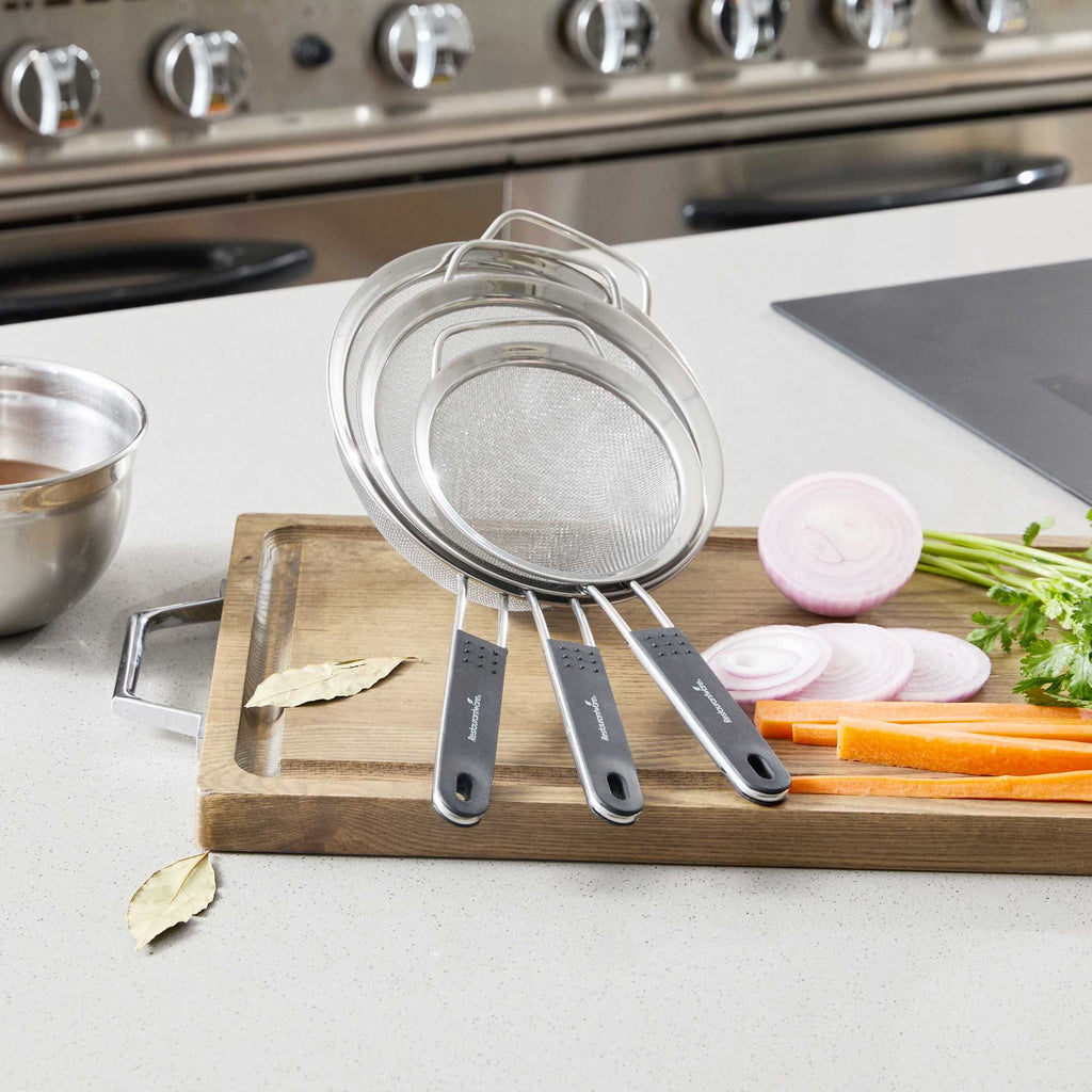 Comfy Grip 3-Piece Round Stainless Steel Extra Fine Mesh Strainer Set - with Silicone Handle - 1 count box