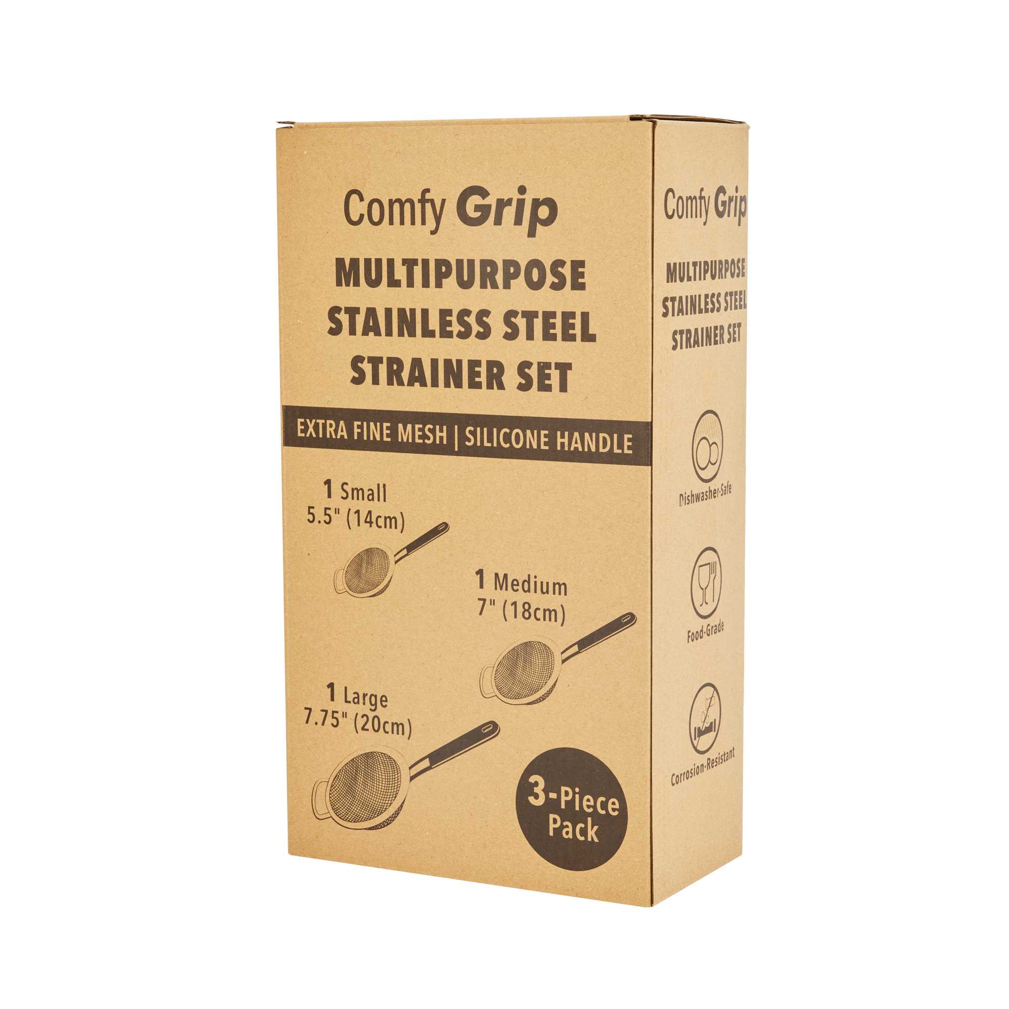 Comfy Grip 3-Piece Round Stainless Steel Extra Fine Mesh Strainer Set - with Silicone Handle - 1 count box