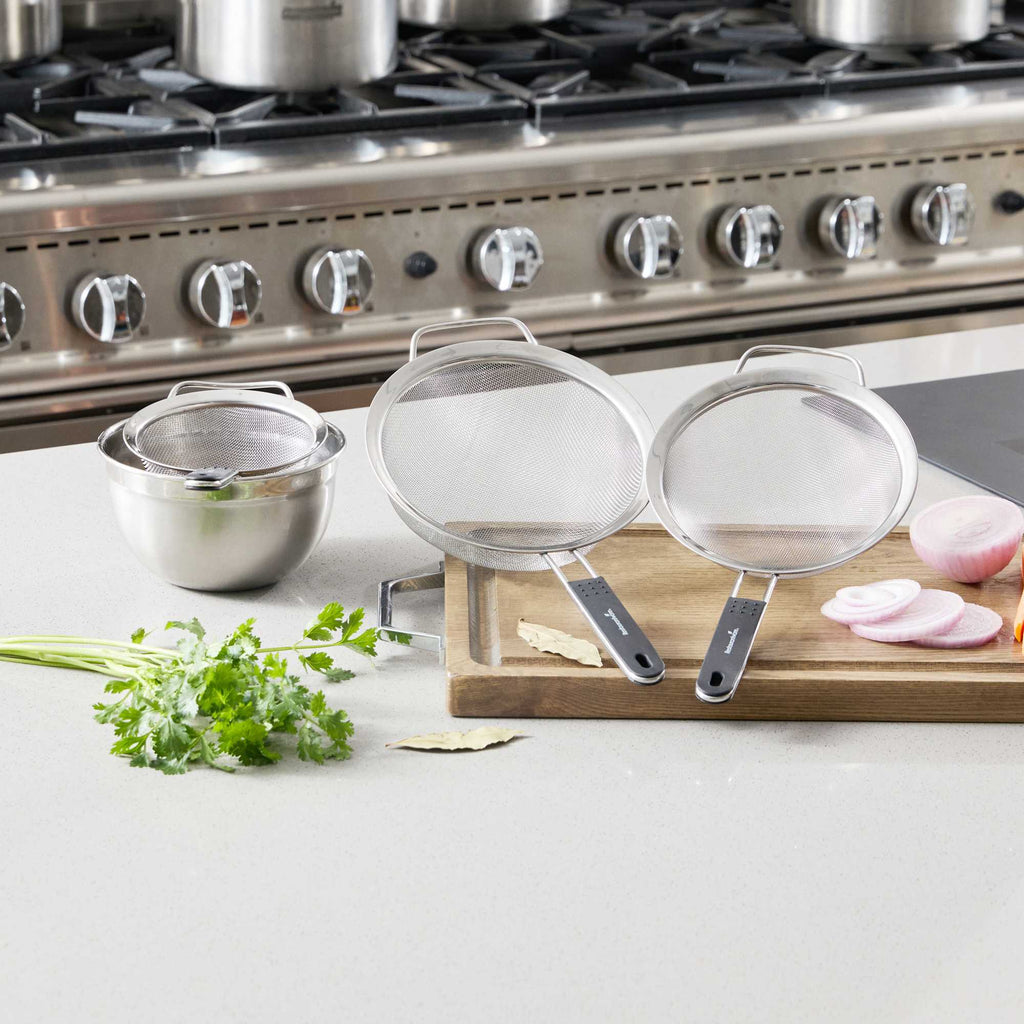 Comfy Grip 3-Piece Round Stainless Steel Extra Fine Mesh Strainer Set - with Silicone Handle - 1 count box