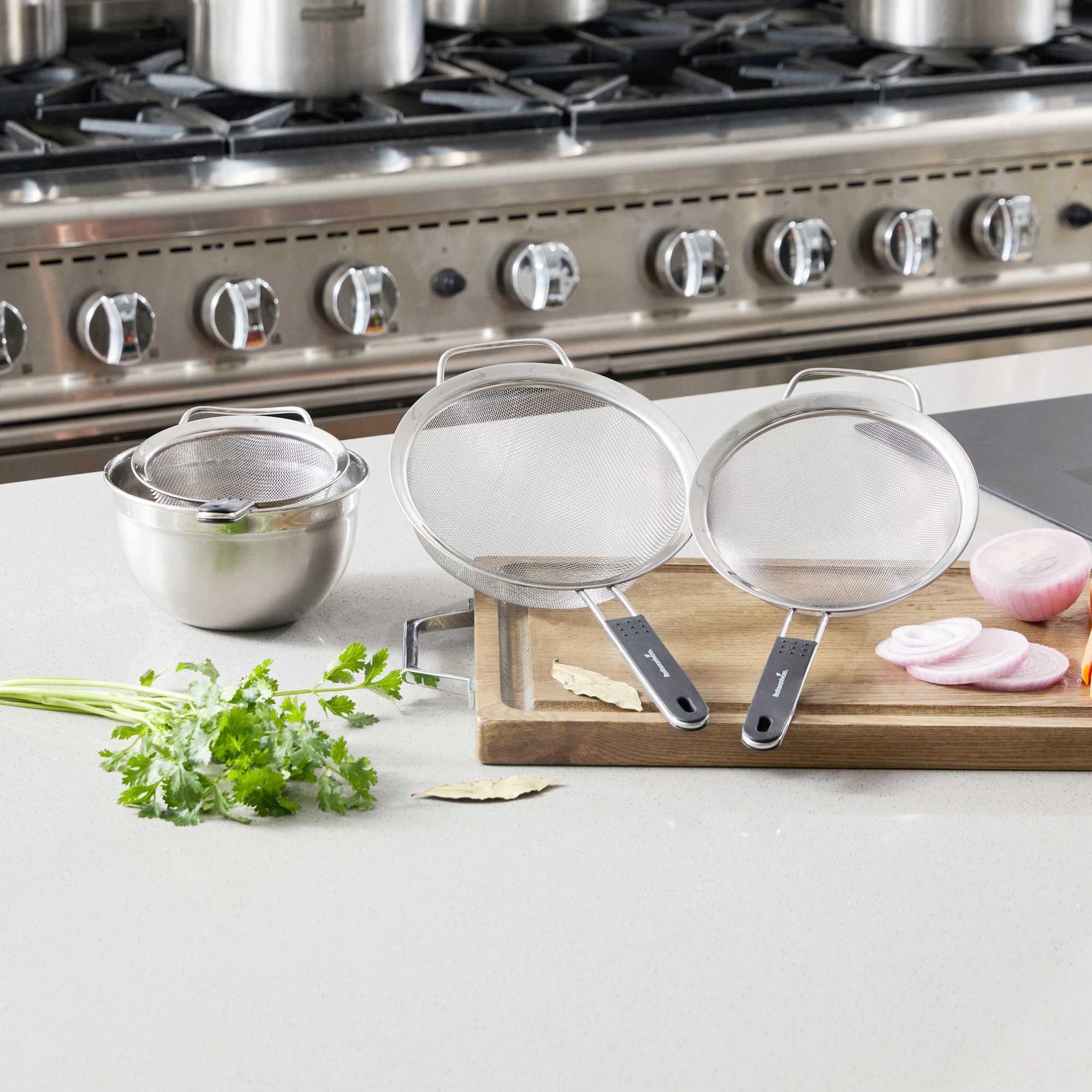 Comfy Grip 3-Piece Round Stainless Steel Extra Fine Mesh Strainer Set - with Silicone Handle - 1 count box