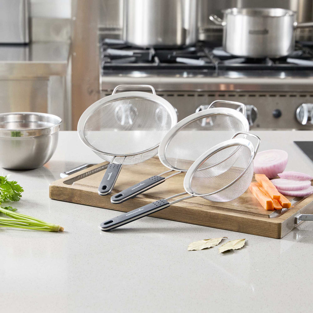 Comfy Grip 3-Piece Round Stainless Steel Extra Fine Mesh Strainer Set - with Silicone Handle - 1 count box