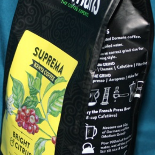 Dormans Suprema Kenya Coffee side package showing brewing instructions