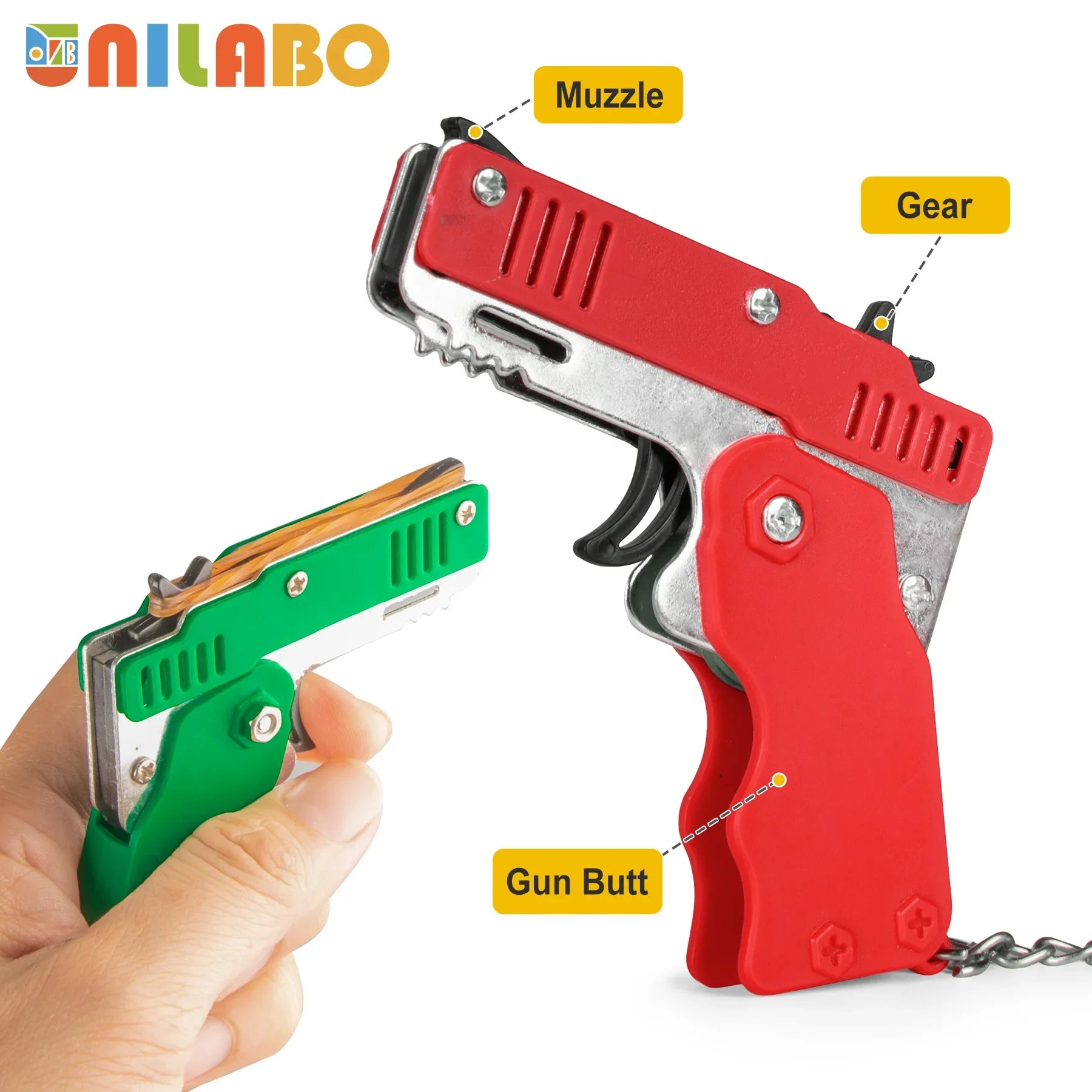Mini Rubber Band Gun Keychain | Foldable Alloy Toy Gun with 6 Rubber Bands