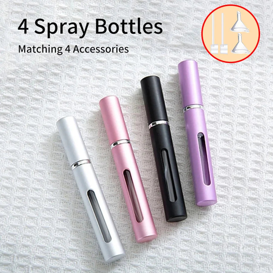 Refillable Glass Perfume Bottles Set | 4 Spray Bottles with Funnels and Dispensers