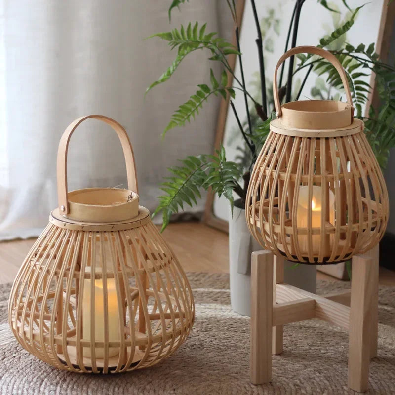 DecorBites™ Bamboo Lantern Candle Holder Vintage Nordic Style Wood Floor Decoration