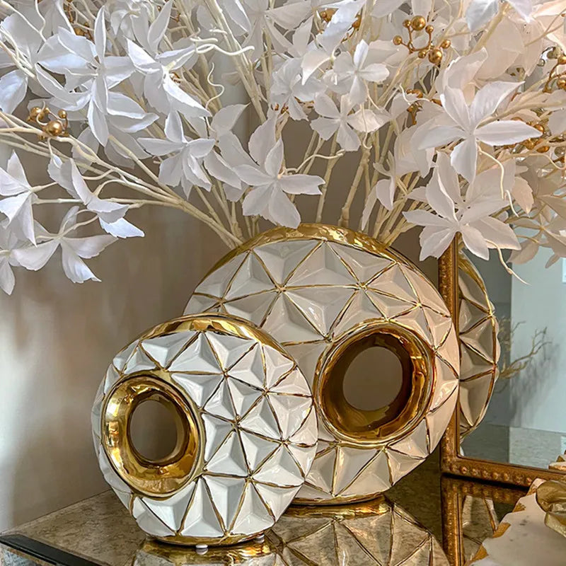 DecorBites™ Golden Ceramic Vase for Wedding and Home Decor