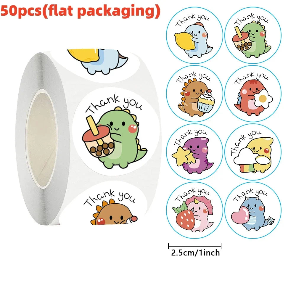 50/100/500pcs Cartoon Dinosaur Thank You Stickers | 1 Inch Round Labels for Packaging, Gifts, and Baking