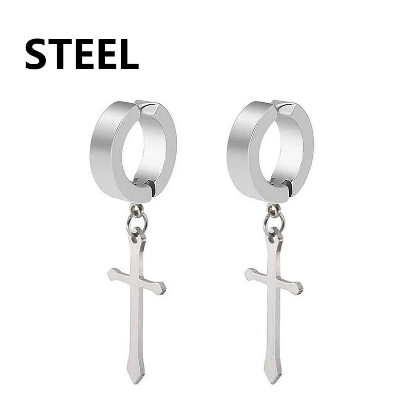 Stainless Steel Clip On Cross Earrings | Non Piercing Gothic Punk Jewelry for Men Women