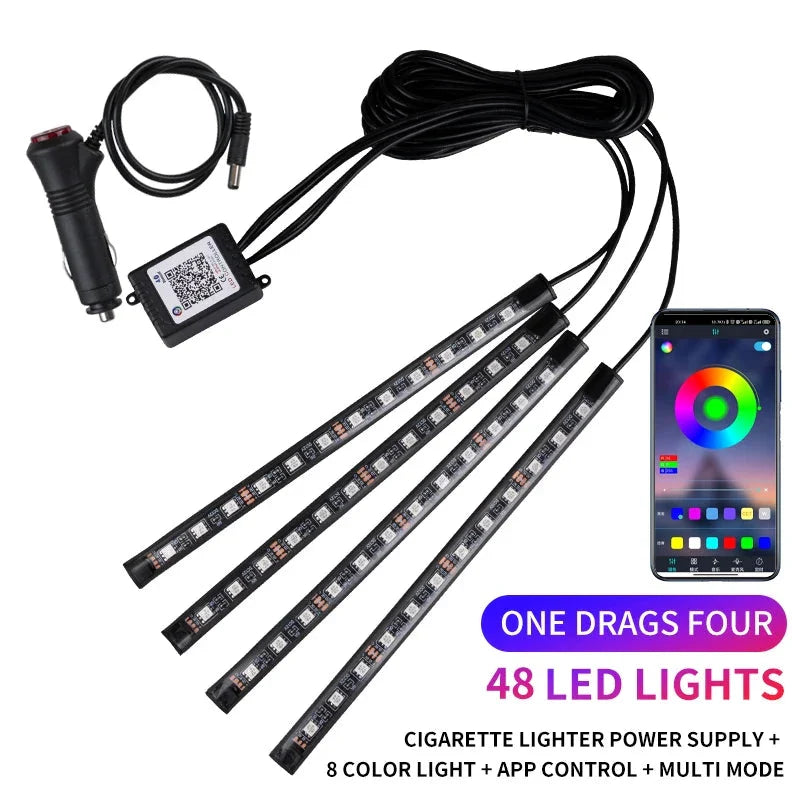 Neon LED Car Interior Ambient Light Kit - RGB Foot Strip with Remote & App Music Control