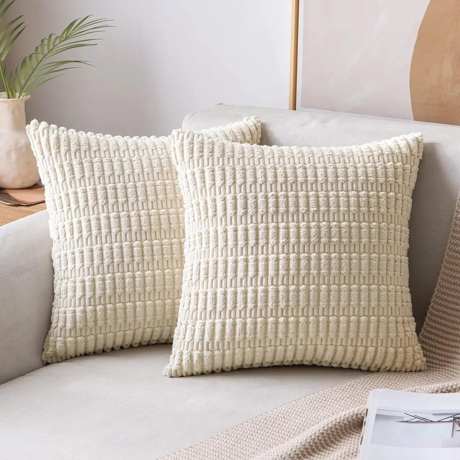 DecorBites™ Corduroy Striped Throw Pillow Covers | Soft White Decorative Square Cushion Case
