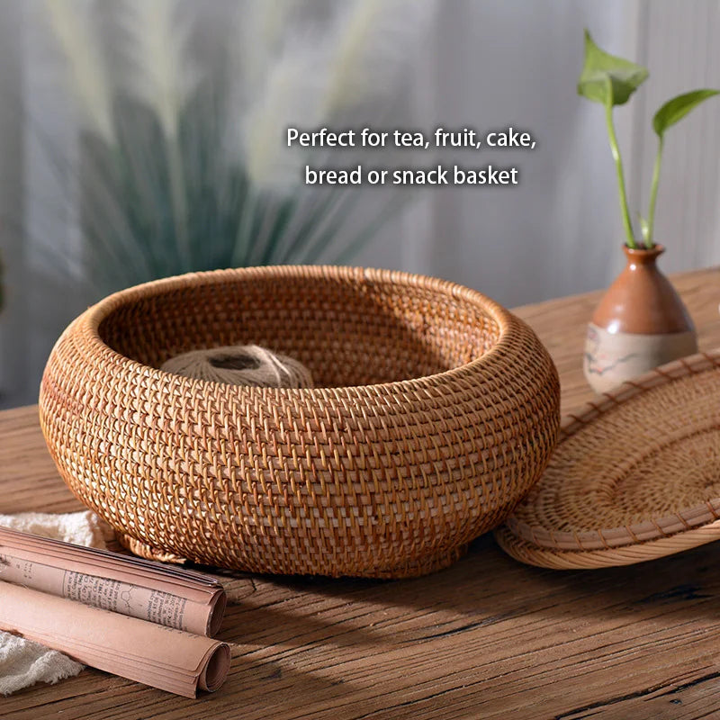DecorBites™ Handwoven Rattan Storage Box With Lid - Kitchen Food Container & Home Organizer
