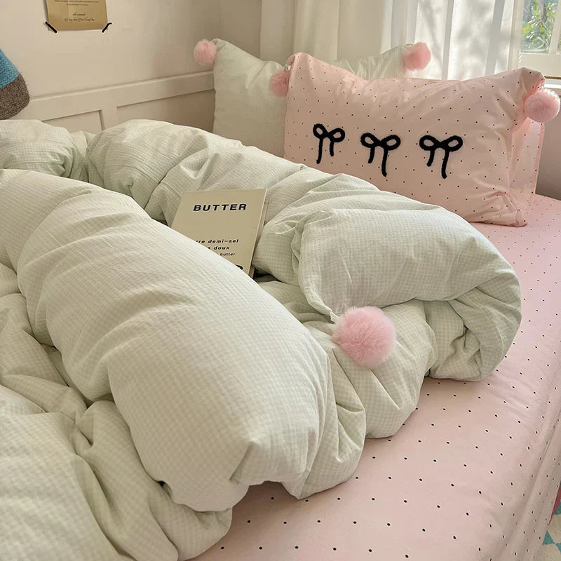 DecorBites™ Korean Princess Bow Lattice Pompom Bedding Set - Single Queen Size
