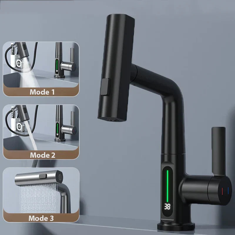 DecorBites™ Digital Display Waterfall Basin Faucet with Temperature Control and Lift Sprayer