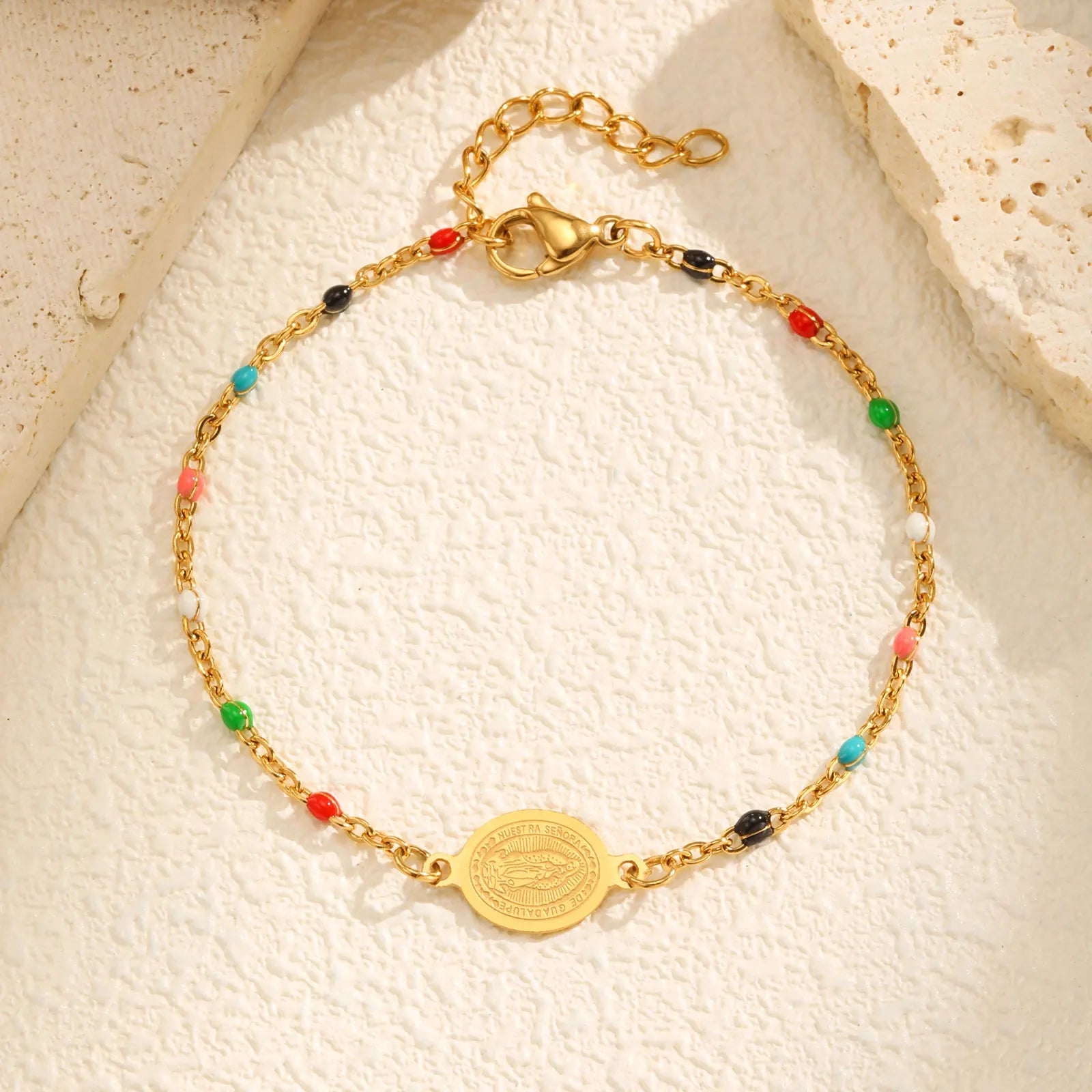Bohemian Colored Virgin Oval Necklace | Gold Plated Stainless Steel Rosary Chain