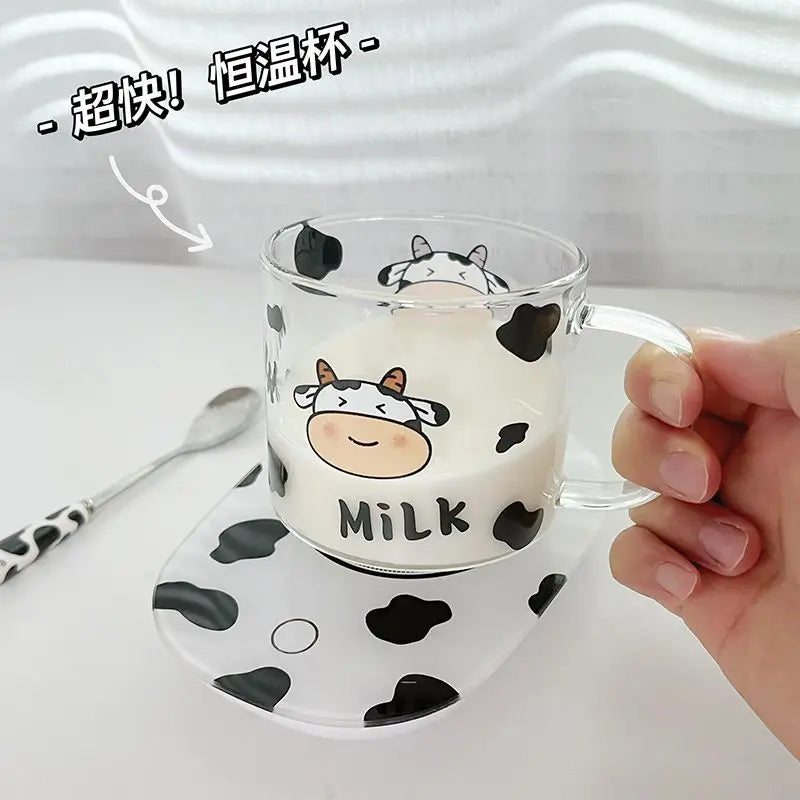 DecorBites™ 13.5oz Cow Pattern Glass Mug with Spoon Lid for Student Dormitory