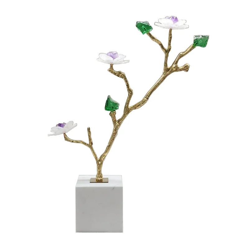DecorBites™ Crystal Flower Tree Sculpture: Golden Branches with Marble Base