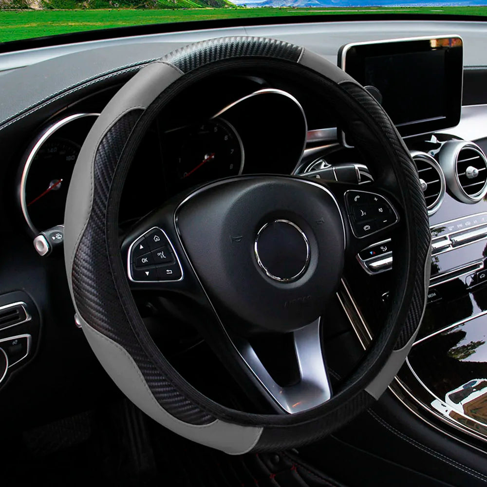 PU Carbon Fiber Leather Car Steering Wheel Cover | 14.5-15 Inch Grip Enhancer