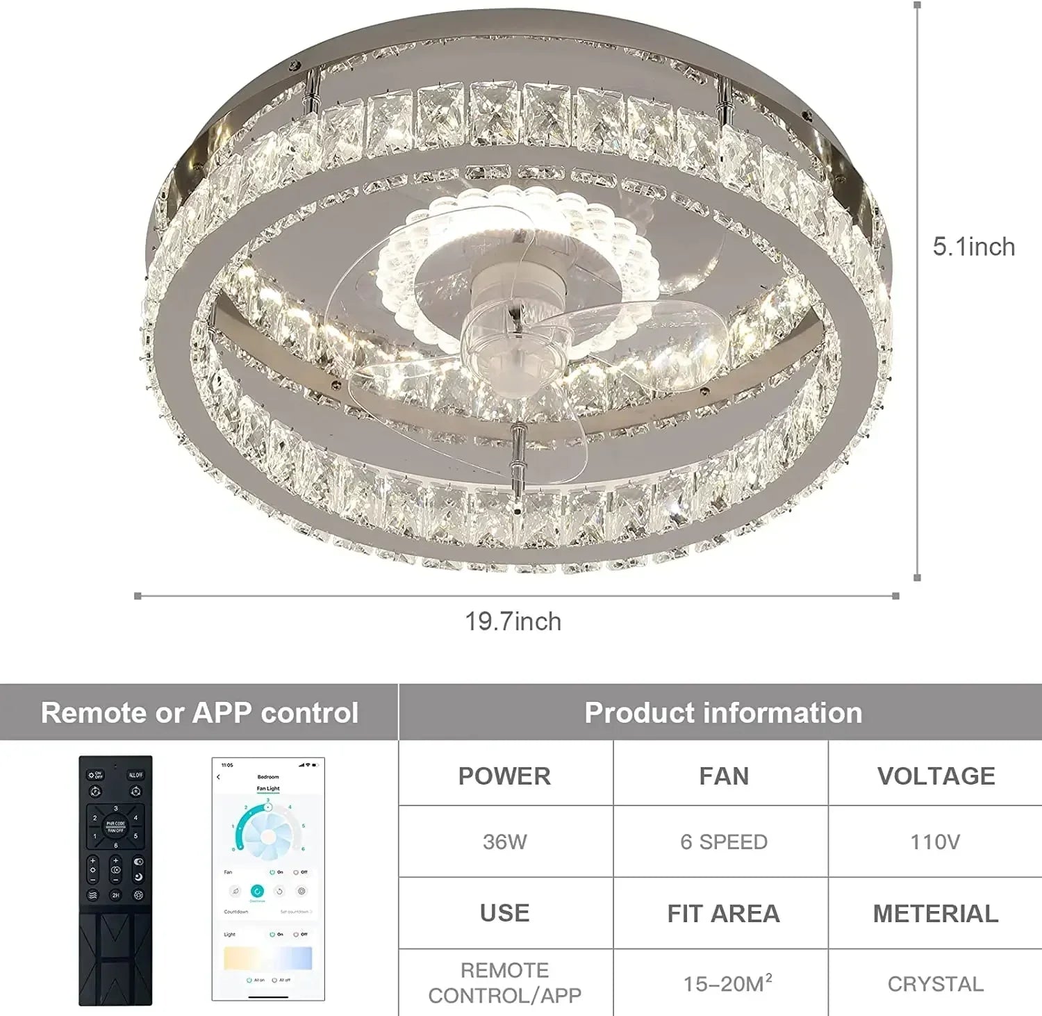 DecorBites™ Crystal LED Ceiling Fan with Remote Control Flush Mount Profile