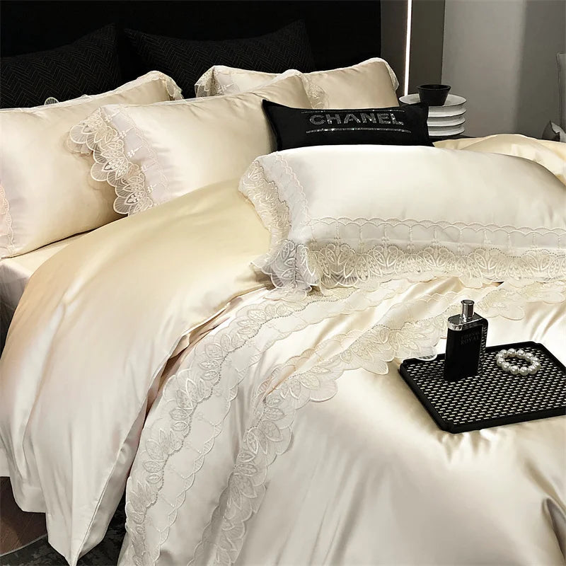 DecorBites™ Lace Patchwork Silk Cotton Luxury Bedding Set Queen King Size