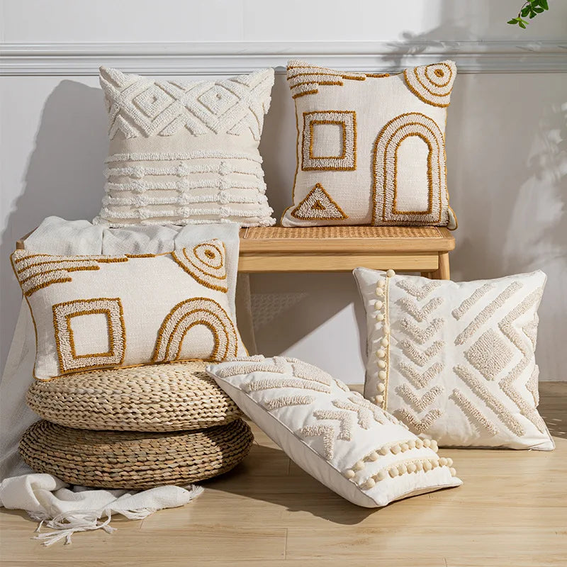 DecorBites™ Geometric Tufted Cotton Canvas Embroidered Pillow Covers for Home Decor