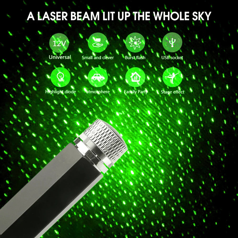 Green LED Starry Galaxy Lamp for Car Roof | USB Atmosphere Projector Light