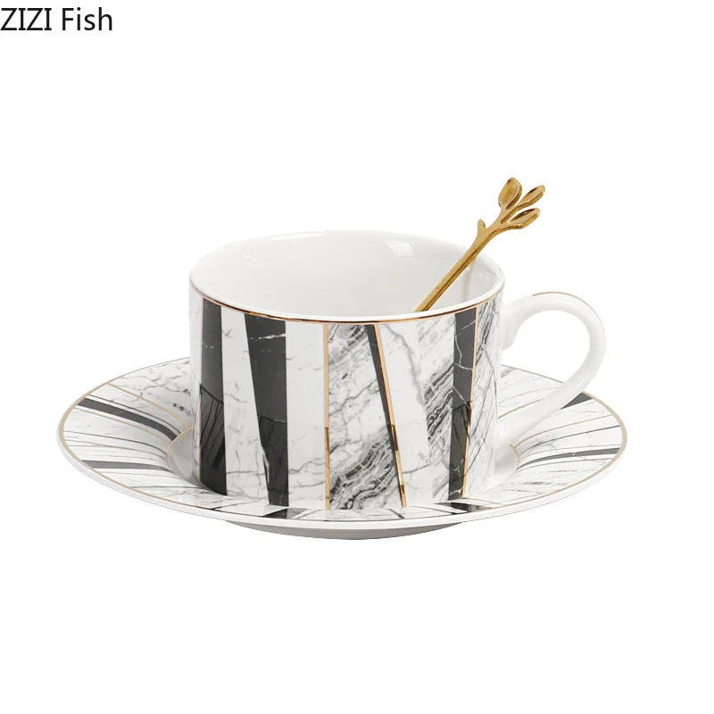 DecorBites™ Gilded Marble Texture Ceramic Cup & Saucer Set for Dining Table Tea & Coffee