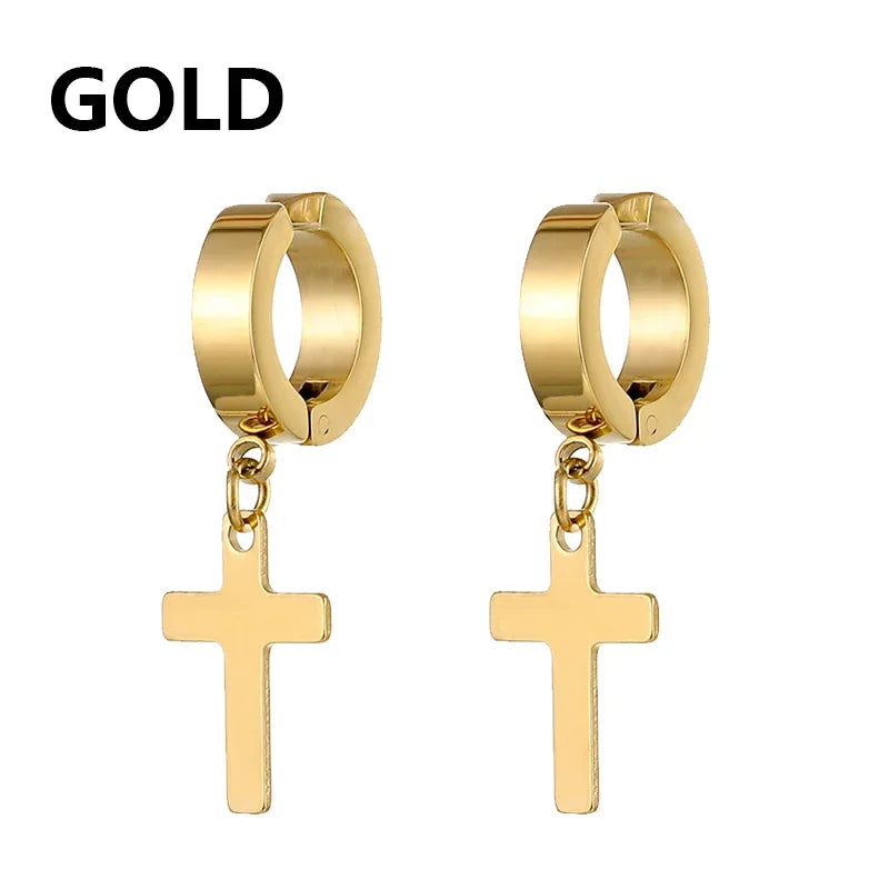 Stainless Steel Clip On Cross Earrings | Non Piercing Gothic Punk Jewelry for Men Women
