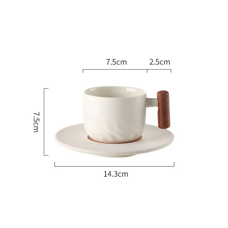 DecorBites™ 130ml Blue Ceramic Retro Coffee Cup with Saucer, Wooden Handle
