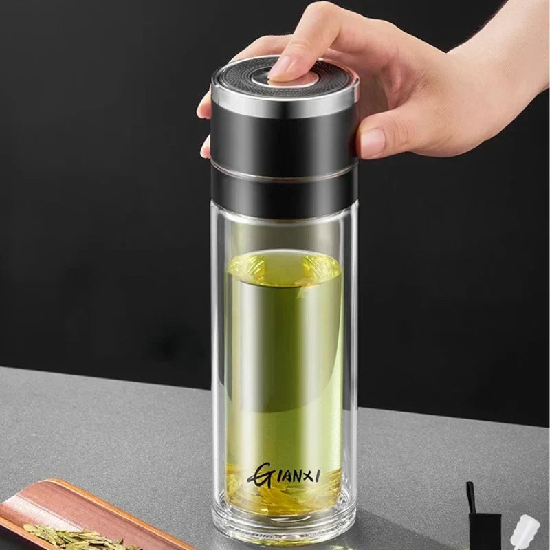 DecorBites™ Insulated Glass Cup: Large Capacity, One-Click Open Lid, Heat-Resistant Double-Layer