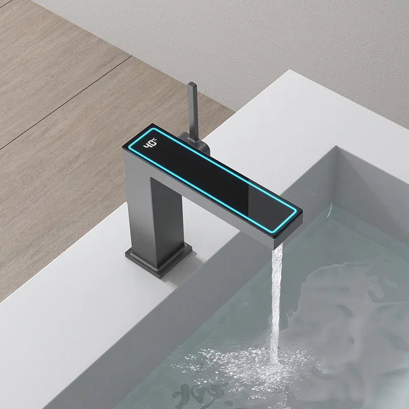 DecorBites™ Digital Display Square Sink Mixer with Single Handle in Gray.