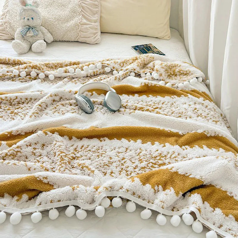 DecorBites™ Jacquard Fluffy Ball Lace Blanket | Double Sided Fluff Warm Sofa Cover