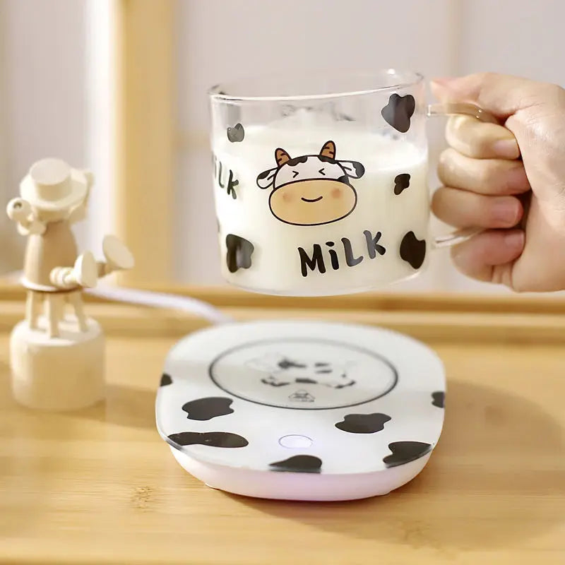 DecorBites™ 13.5oz Cow Pattern Glass Mug with Spoon Lid for Student Dormitory