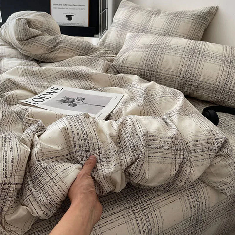 DecorBites™ Cotton Grid Bedding Set - Soft & Stylish Bed Sheet, Quilt Cover Kit