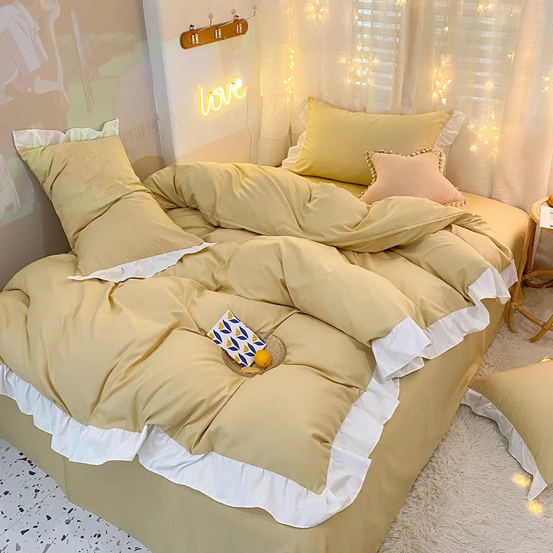 DecorBites™ Cotton Ruffle Edge Duvet Cover Set - Soft, Thick, Solid Color
