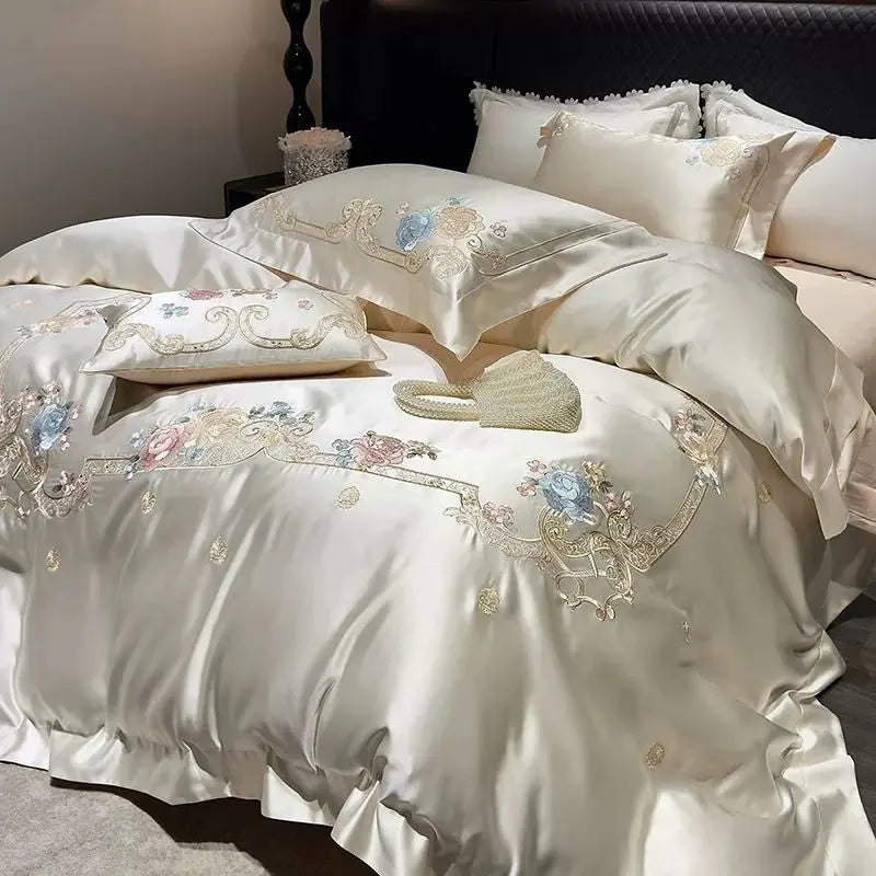 DecorBites™ Luxe Brocade Cotton Flowers Embroidery Bedding Set Cream/Champagne Patchwork